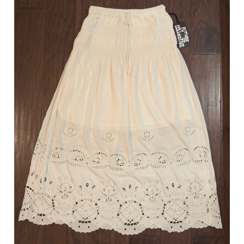Future Collective Off White Eyelet Embroidered Maxi Skirt Boho Cottagecore M NWT